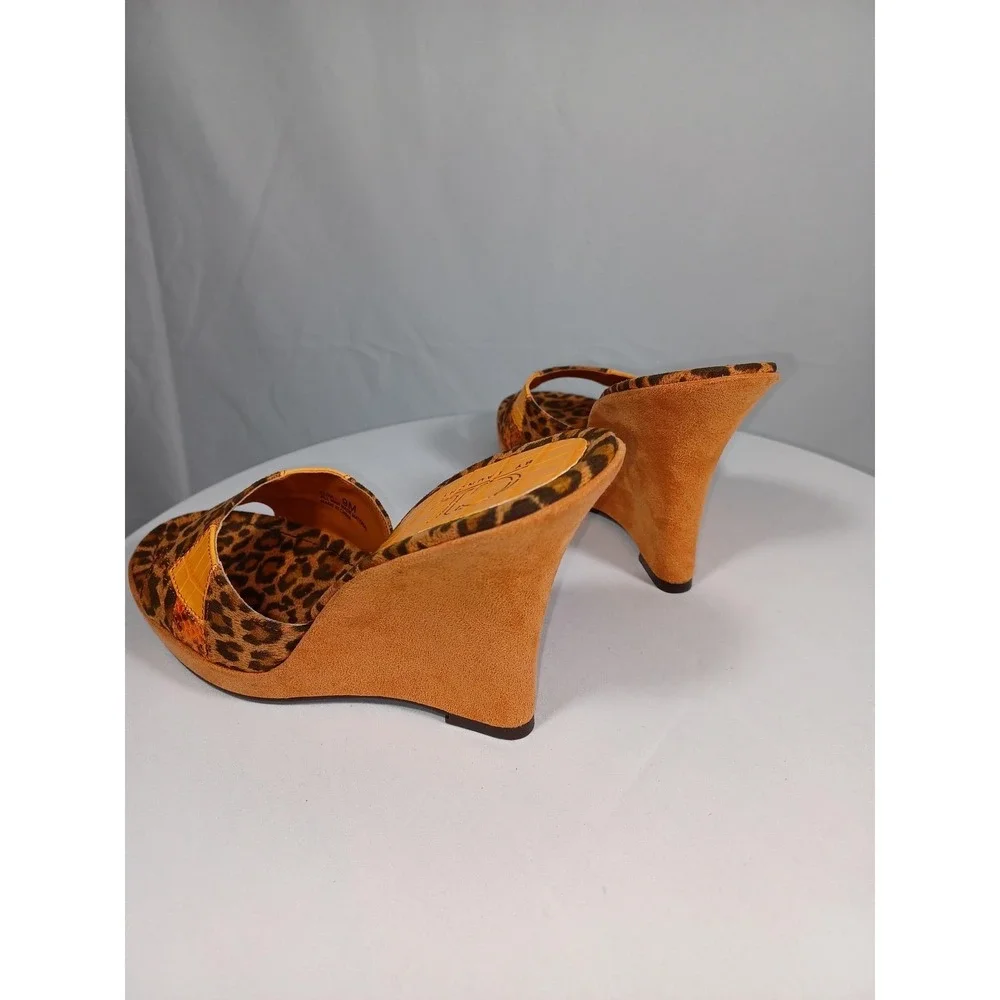 CL By Laundry Shoes Womens Size 9 Leopard Wedge Heels Eliza Mule Slide Sandals N